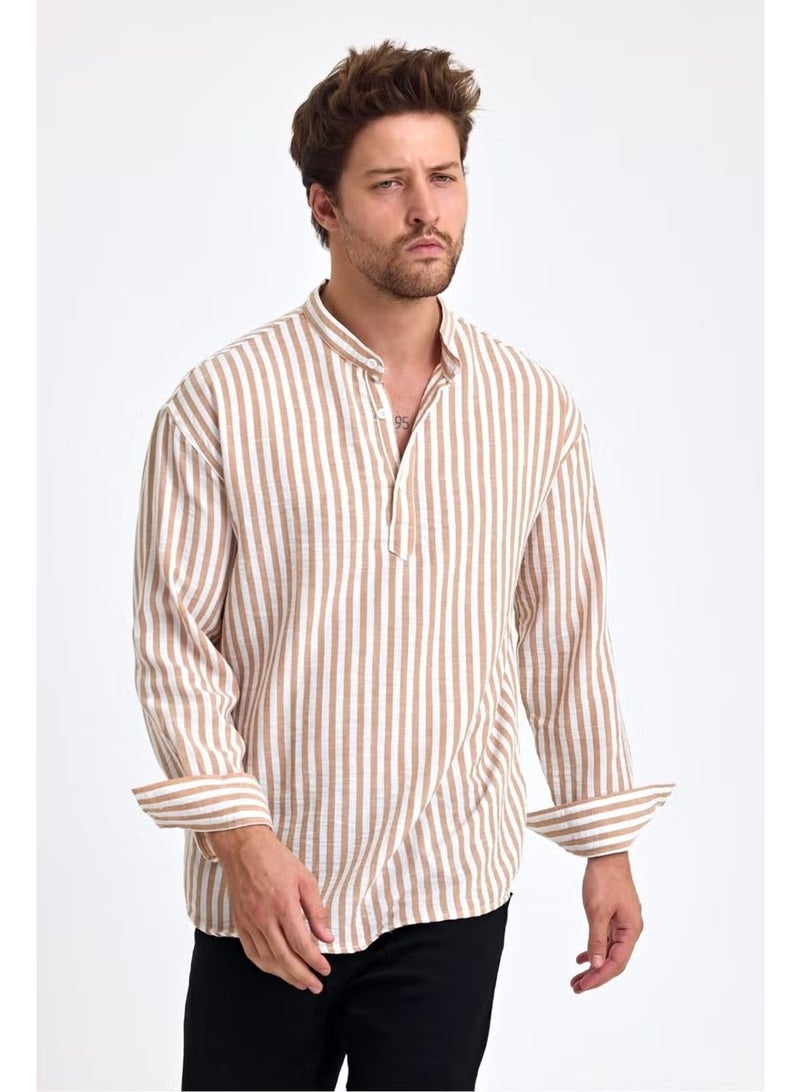 Cool Tarz Cool Style Striped Mandarin Collar Linen Three Button Men's Shirt - Image 2